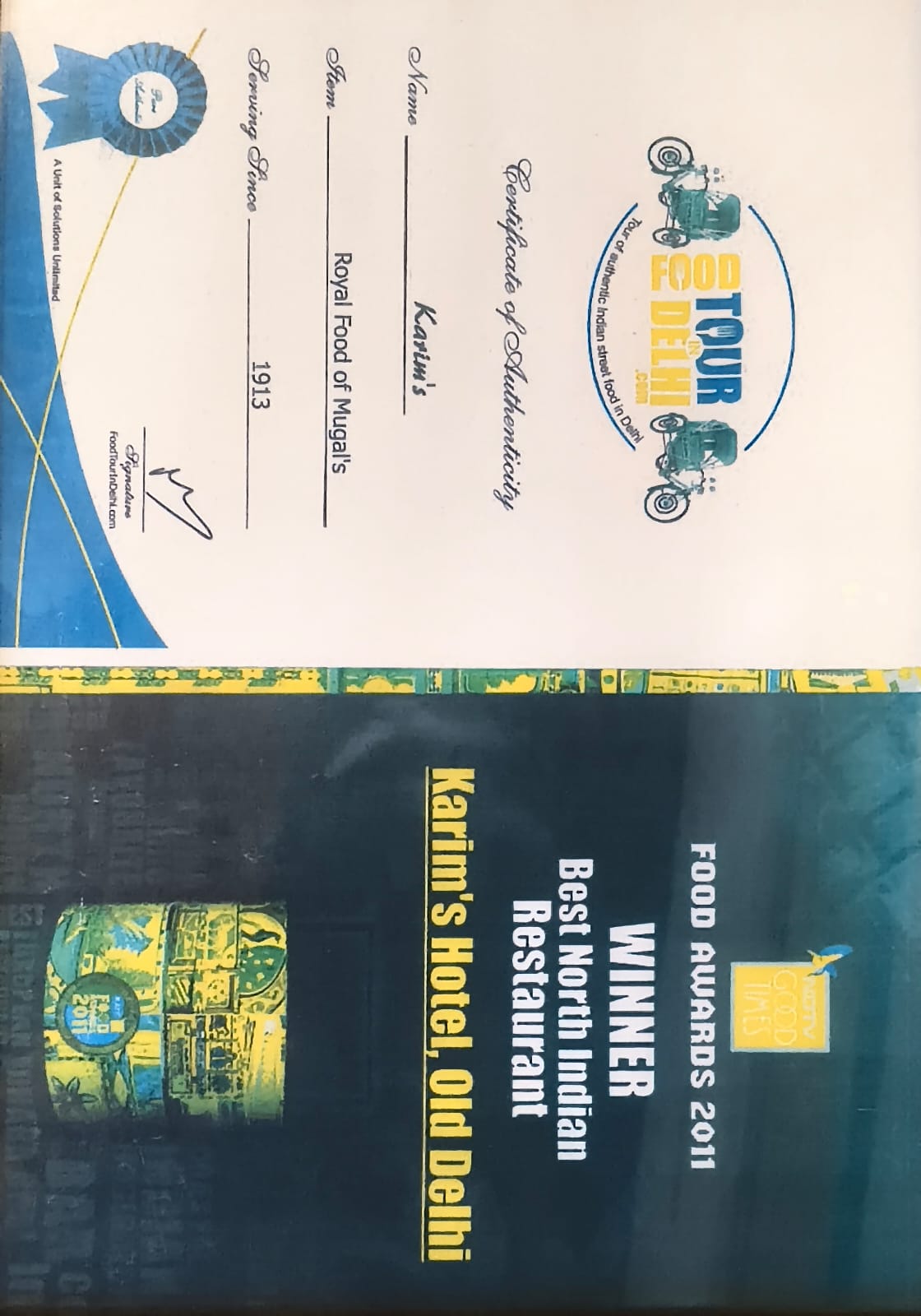 Certificate of Authenticity and NDTV Good Times Food Awards 2011 winner for Karim's Hotel, Old Delhi